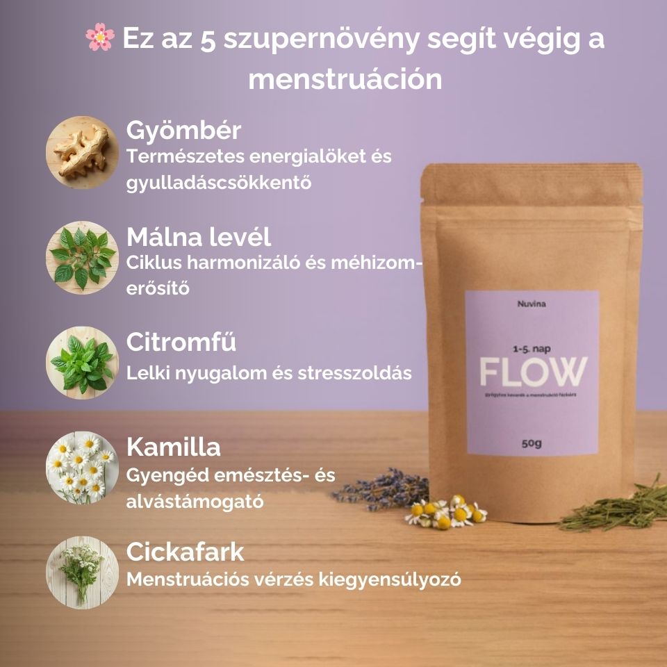 Nuvina FLOW – Női ciklus gyógytea (1-5. nap, Menstruáció, komfortért) - 50g (20 adag)